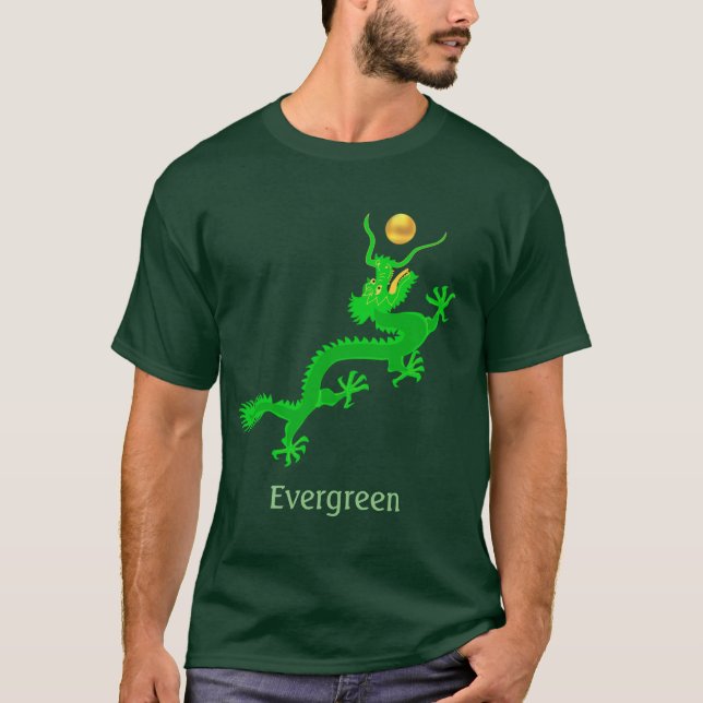Camiseta Dragón verde volador con bola de oro y caligrafía (Anverso)