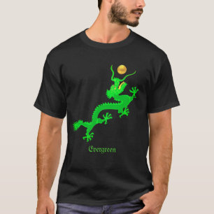 Camiseta dragón verde volador con bola de oro y caligrafía