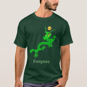 Camiseta Dragón verde volador con bola dorada y caligrafía