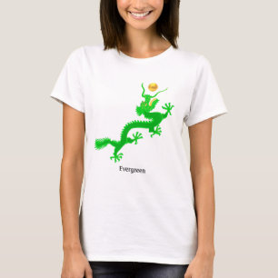 Camiseta Dragón verde volador con bola dorada y caligrafía