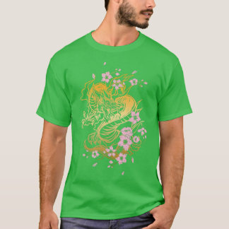 Camiseta Dragón y dragón japoneses con flores de cerezo y