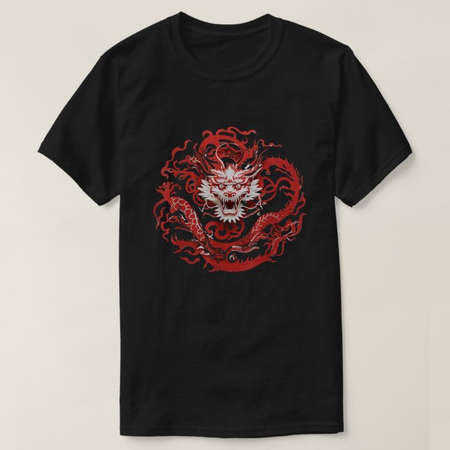 Camiseta Dragon Zodiac Red White Paper Cutting Style Asia (Diseño del anverso)