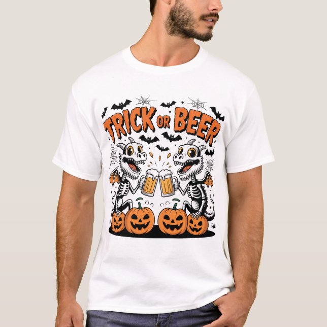 Camiseta Dragones de esqueleto de truco o cerveza Halloween (Anverso)