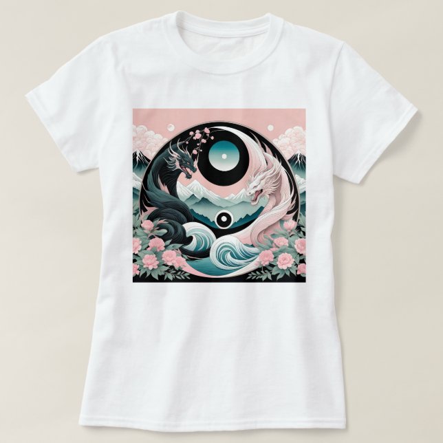Camiseta Dragones Floral Montaña rosa Sage Verde azulado (Diseño del anverso)