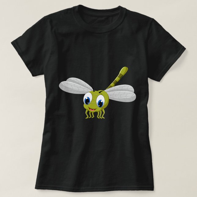 Camiseta DragonFly (A cheerful cartoon dragonfly with big eyes and vibrant colors on a black t-shirt.)