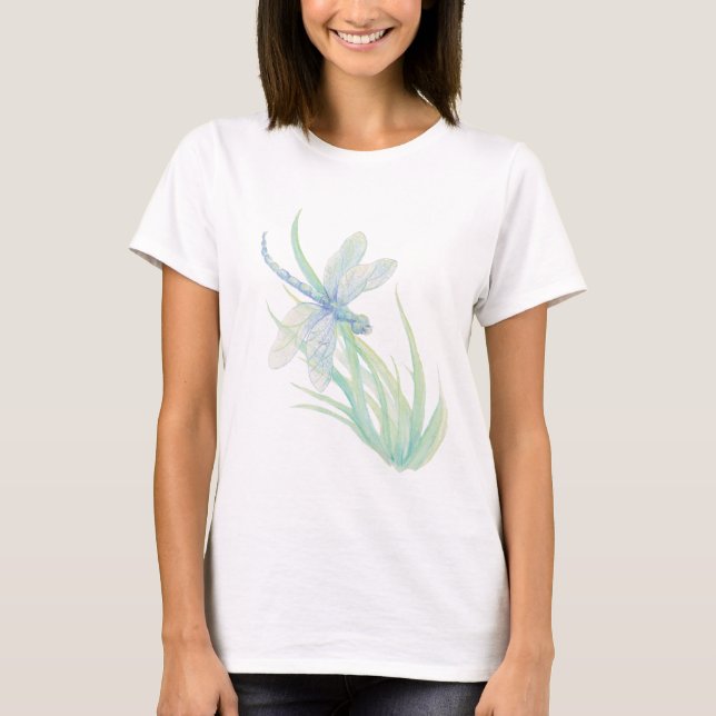 Camiseta Dragonfly de acuarela original en azul y verde (Anverso)