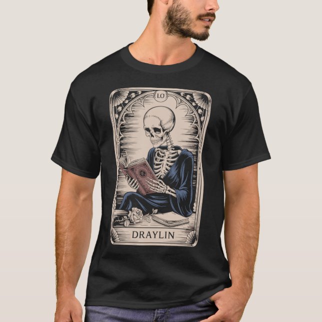 Camiseta DRAYLIN Skelett mit Buch Tarot Karte (Anverso)