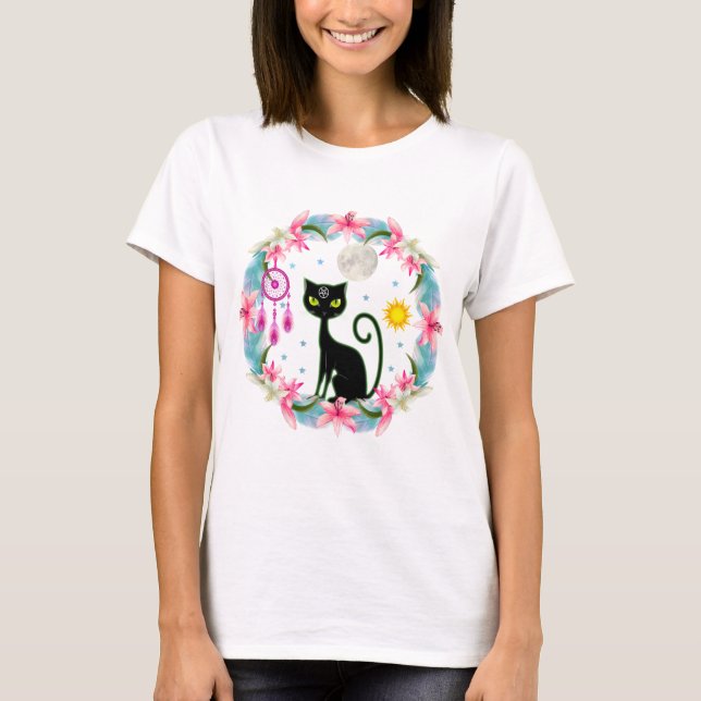 Camiseta Dream Catcher Moon Stars Sun Black Wiccan Cat (Anverso)