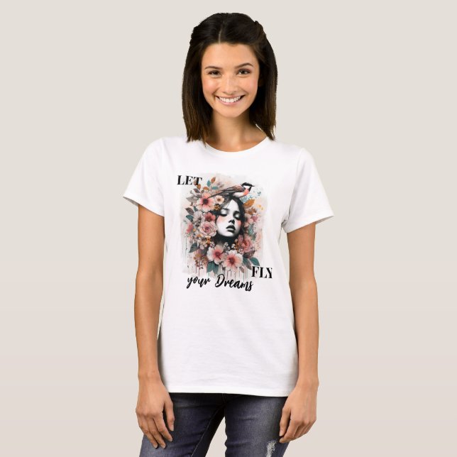 Camiseta Dreamy Woman with Flowers and Motivational Quote (Anverso completo)