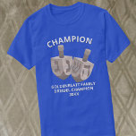 Camiseta Dreidel Rustic Oak Funny Champion Hanukkah<br><div class="desc">Estas graciosas camisetas Dreidel Champion con texto personalizado son geniales como ropa para ti mismo o como regalos una noche para toda la familia. Dos gigantescas rayas de madera de roble en el centro de la camiseta están rodeadas de texto personalizado con una sencilla letra blanca. El CHAMPION suavemente curvado...</div>