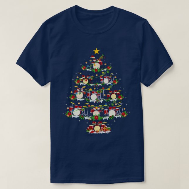 Camiseta Drum Music Lover Xmas Light Drum Árbol de Navidad (Diseño del anverso)