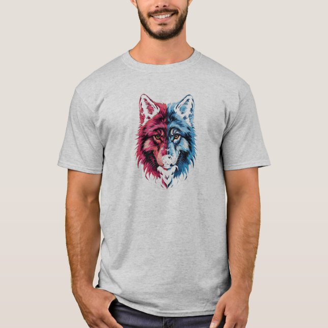 Camiseta Duality Wolf - Arte espiritual rojo y azul (Anverso)