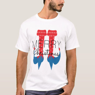 Camiseta Duende de Navidad Rojo Azul Script Copo de Nieve C