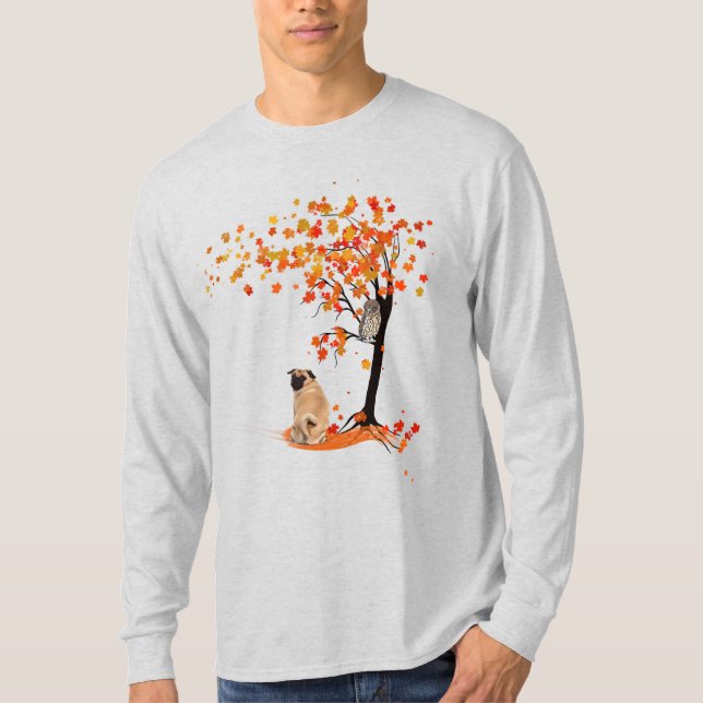 Camiseta Dueño De Pug Owl Y Fall Tree Pug Funny Pug Otoño (Anverso)