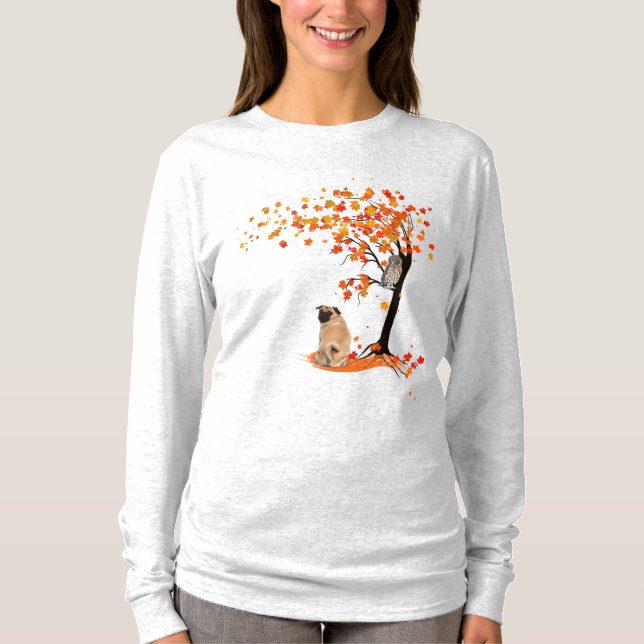 Camiseta Dueño De Pug Owl Y Fall Tree Pug Funny Pug Otoño (Anverso)
