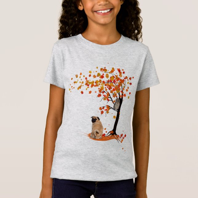 Camiseta Dueño De Pug Owl Y Fall Tree Pug Funny Pug Otoño (Anverso)