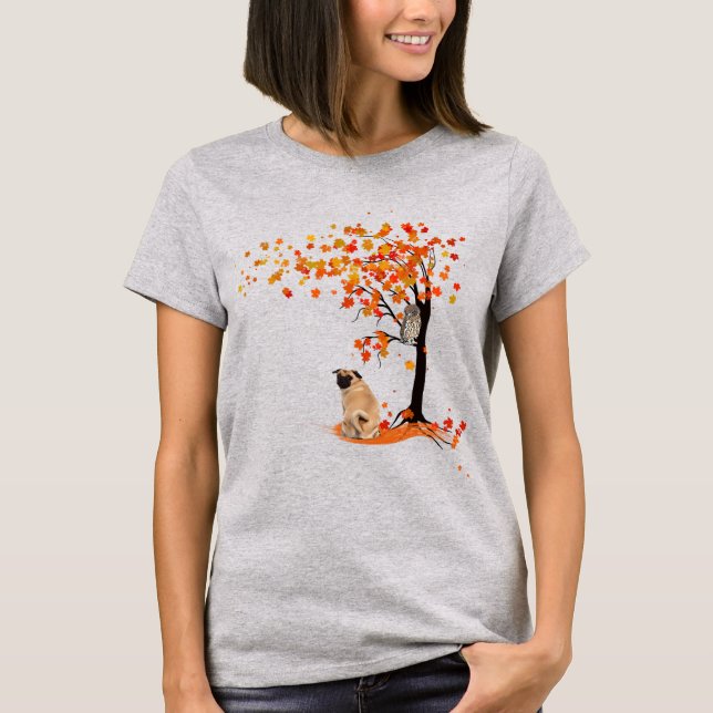 Camiseta Dueño De Pug Owl Y Fall Tree Pug Funny Pug Otoño (Anverso)