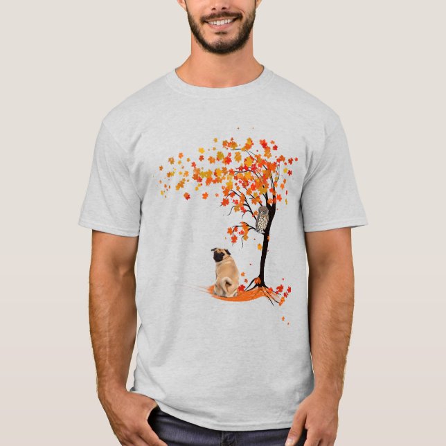 Camiseta Dueño De Pug Owl Y Fall Tree Pug Funny Pug Otoño (Anverso)