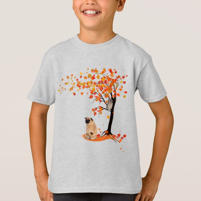 Camiseta Dueño De Pug Owl Y Fall Tree Pug Funny Pug Otoño (Anverso)
