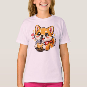 Camiseta Dulce Anime Shiba Inu Bebiendo Bubble Tea Kawaii