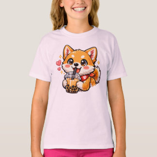 Camiseta Dulce Anime Shiba Inu Bebiendo Bubble Tea Kawaii