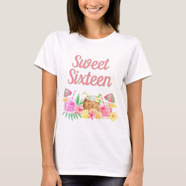 Camiseta Dulce Dieciséis Acuarela Tropical Hawaití Luau (Anverso)