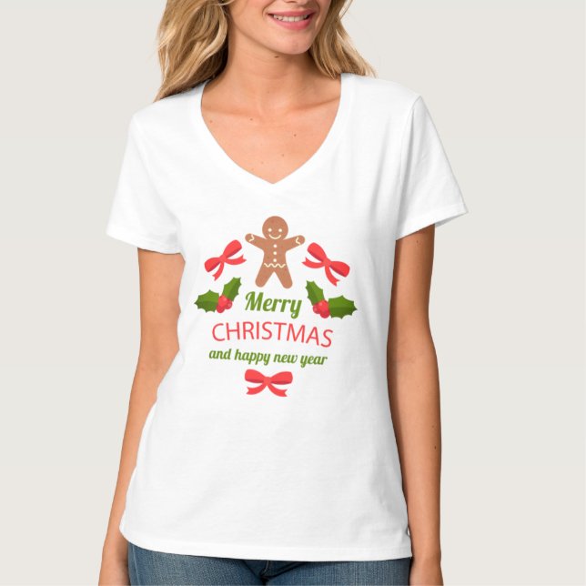 Camiseta Dulce familia de pan de jengibre Navidad cuello en (Anverso)