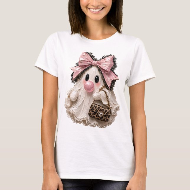 Camiseta Dulce Fantasma de Chicle con Lazo Rosa de Hallowee (Anverso)