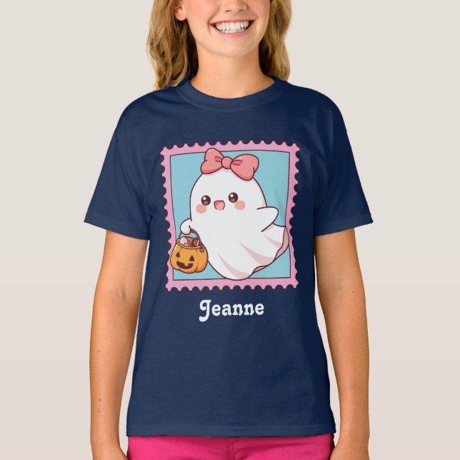 Camiseta Dulce Fantasma de Halloween con Lazo Coquette Rosa (Anverso)