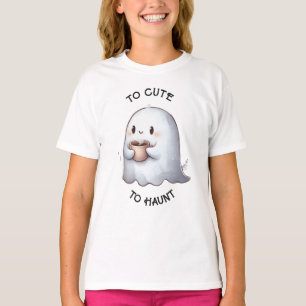 Camiseta Dulce Fantasma Kawaii que Sostiene Café Acuarela