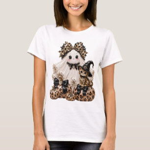 Camiseta Dulce Fantasma y Gato Negro de Halloween Leopardo 