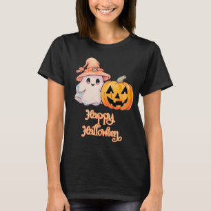 Camiseta Dulce Fantasma y Jack-O' Lantern Negro Feliz Hallo