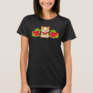 Camiseta Dulce Gato Sandía Kawaii Ilustración de Verano