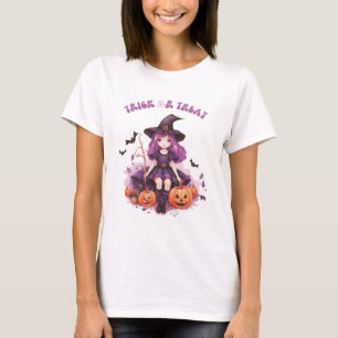 Camiseta Dulce o Truco Bruja Púrpura Calabazas y Murciélago