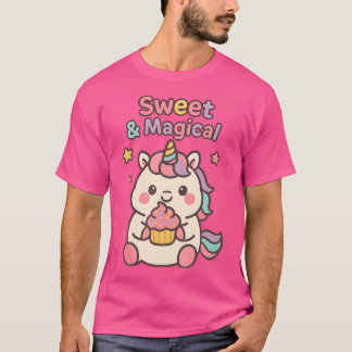 Camiseta Dulce Unicornio Mágico Kawaii Sosteniendo Cupcake