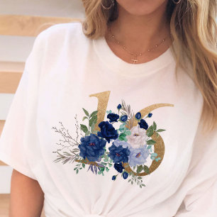 Camiseta Dulces 16 Flor de Oro Número 16 Rosa Azul