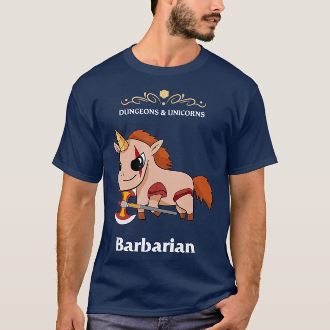 Camiseta Dungeons and Unicorns RPG D20 Barbarian Rage (Anverso)