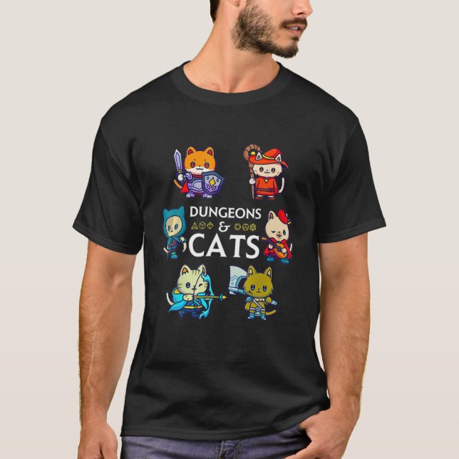 Camiseta Dungeons Y Gatos RPG D20 Dices Nerds Gamer Cat (Anverso)