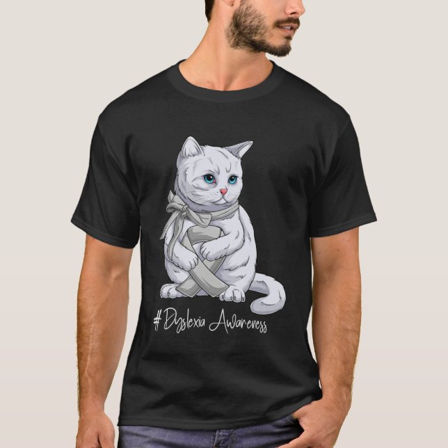 Camiseta Dyslexia Awareness Month Silver Ribbon Cat (Anverso)