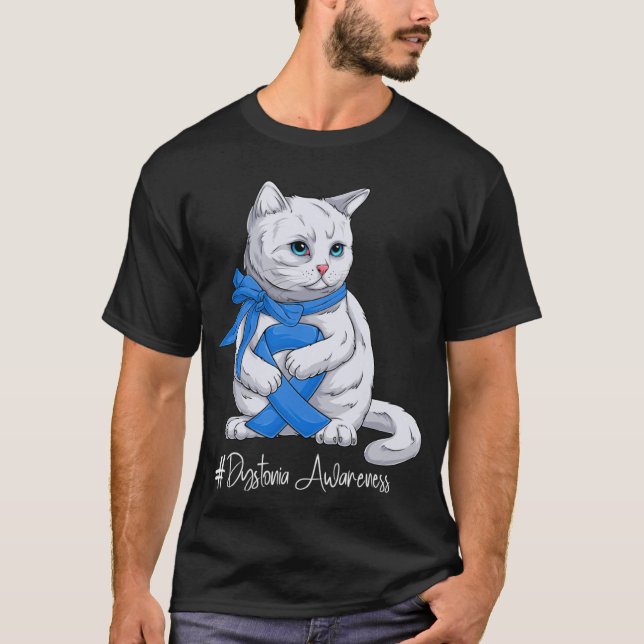 Camiseta Dystonia Awareness Month Blue Ribbon Cat (Anverso)