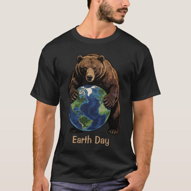 Camiseta Earth Day Bear Hugging Planet Design (Anverso)