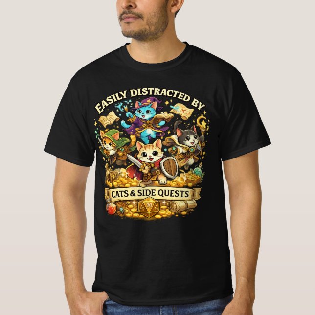 Camiseta Easily Distracted by Cats & Side Quests Funny RPG  (Anverso)