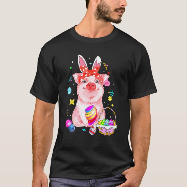 Camiseta Easter Bunny Spring Pig Bow Huevo Caza Cesta Col (Anverso)