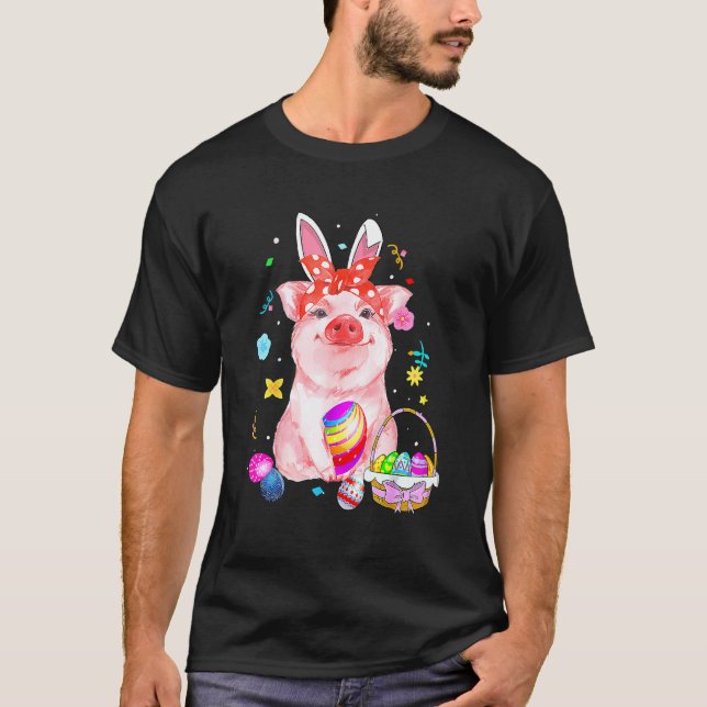 Camiseta Easter Bunny Spring Pig Bow Huevo Caza Cesta Col (Anverso)