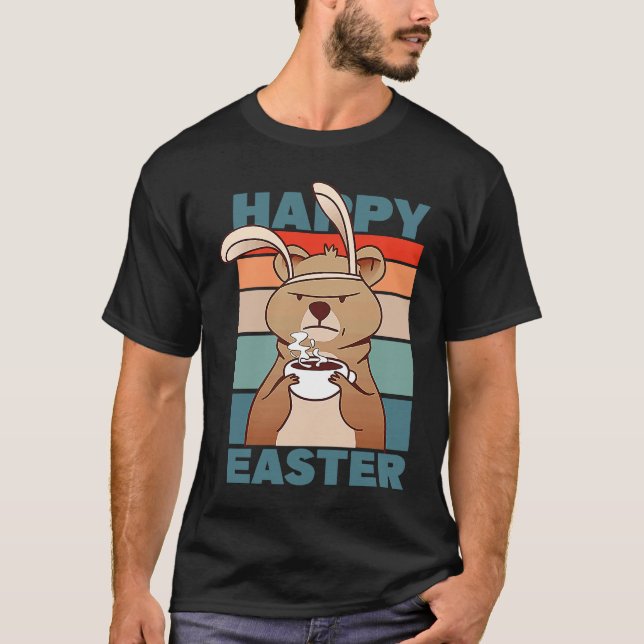 Camiseta Easter Grumpy Bear with Rabbit Ear drinks Coffee (Anverso)