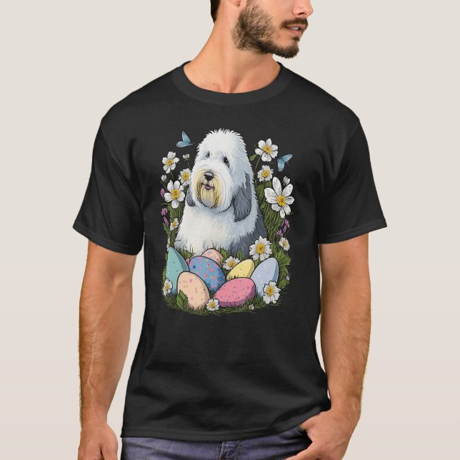 Camiseta Easter Old English Sheepdog Bunny Eggs Dog on East (Anverso)