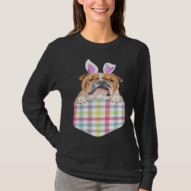 Camiseta Easter Plaid Bulldog Bunny Dog In Pocket (Anverso)