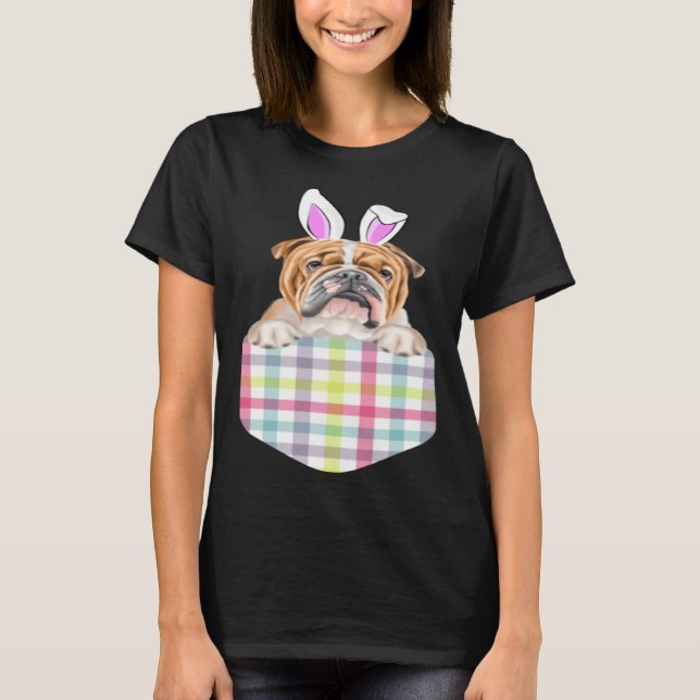 Camiseta Easter Plaid Bulldog Bunny Dog In Pocket (Anverso)