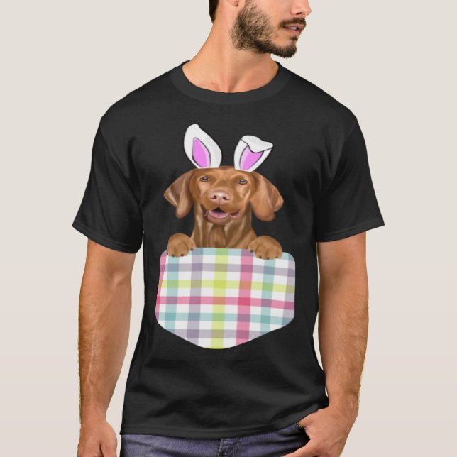 Camiseta Easter Plaid Vizsla Bunny Dog In Pocket (Anverso)