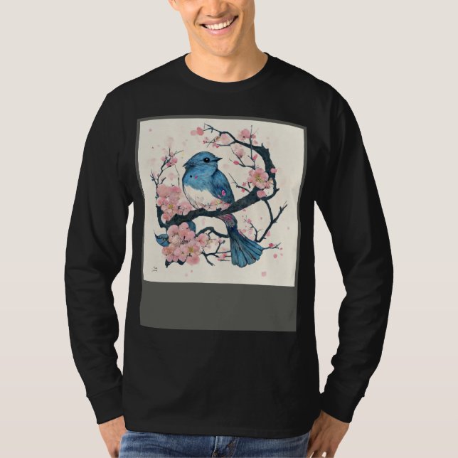 Camiseta Eastern Blue Bird and Sakura Blossom Branch (Anverso)